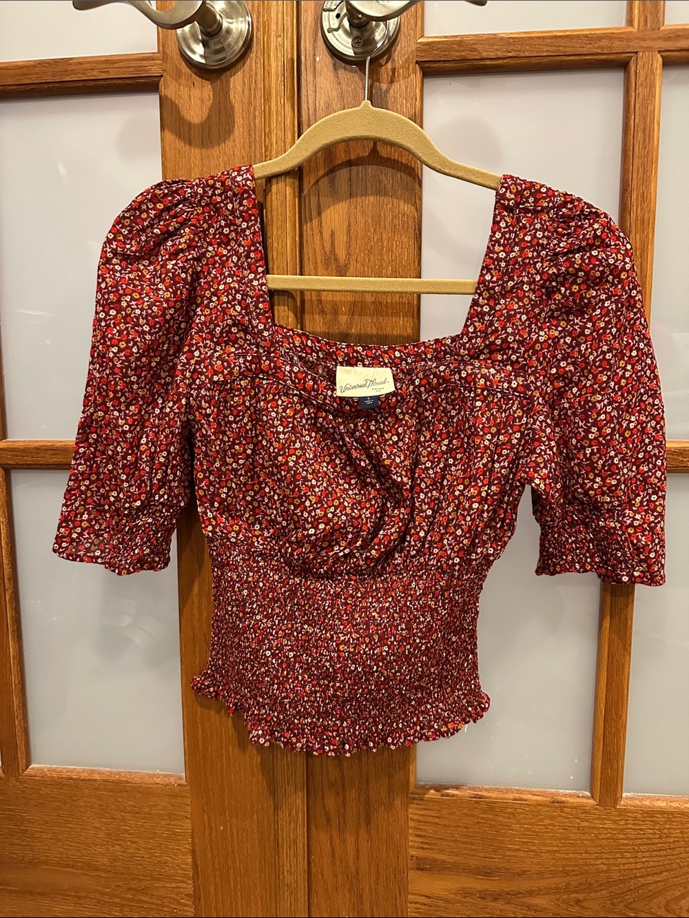 Universal Thread Burgundy Floral Smocked Square-Neck Top